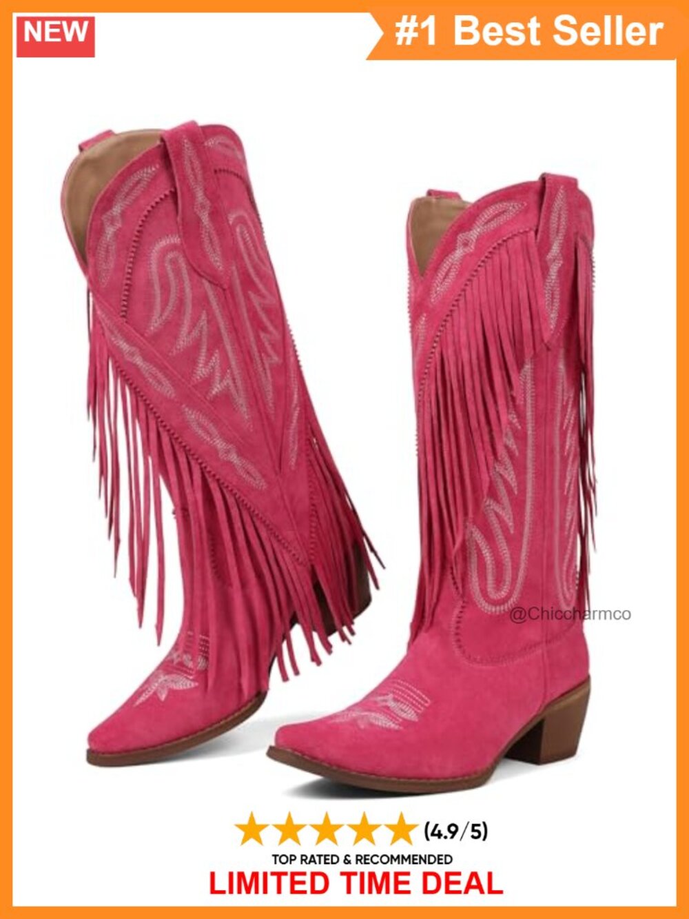 Suede Fringe Cowgirl Boots Block Chunky Heel Knee High Western